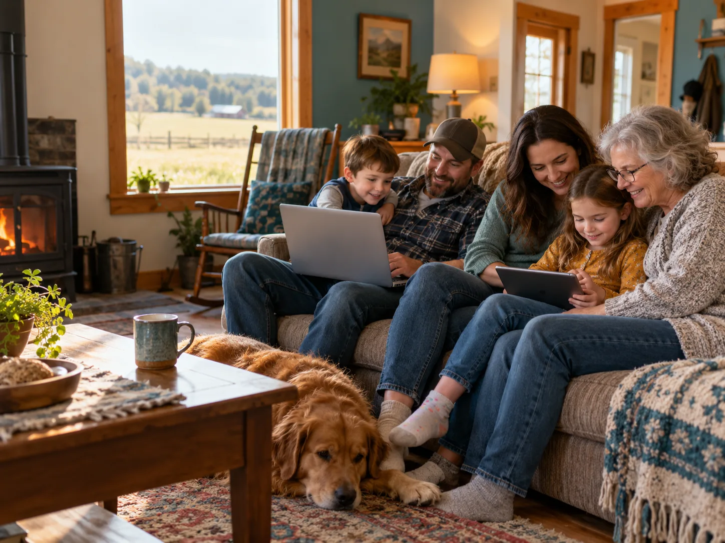 Family using connected devices at home
