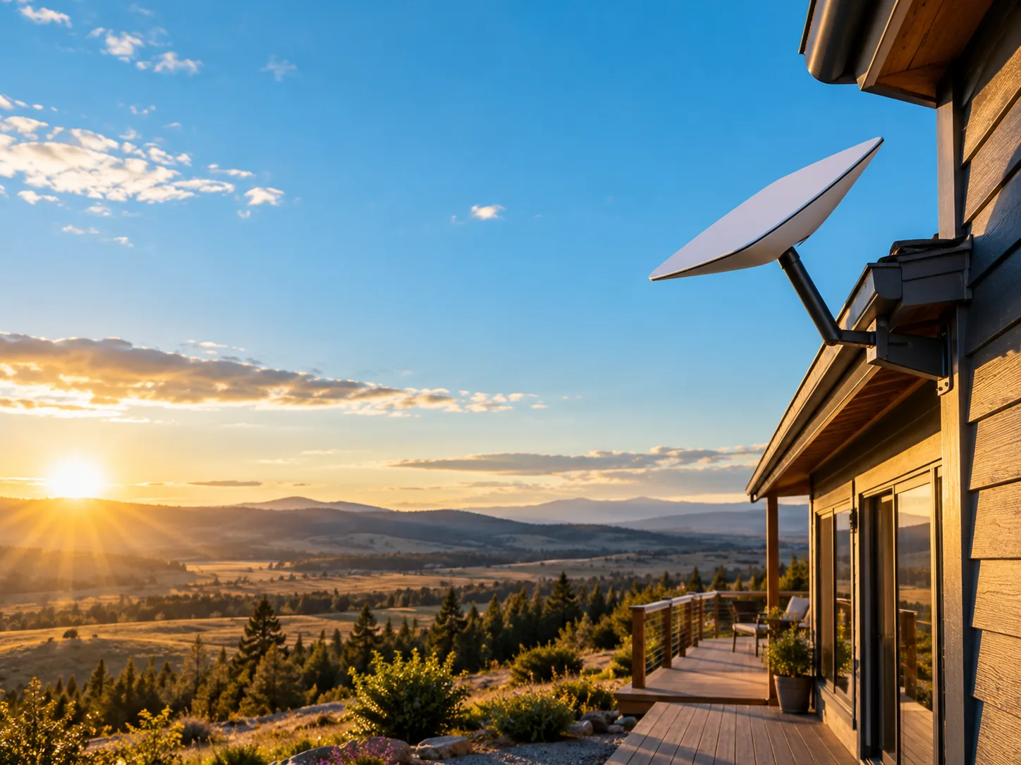 Satellite dish at a country home at sunset